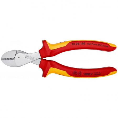 KNIPEX X-Cut бокорезы VDE, рез: провол. мягк. ∅ 4.8 мм, ср. ∅ 3.8 мм, тв. ∅ 2.7 мм, роял. струна ∅ 2.2 мм, L-160 мм, хром, 2-к ручки