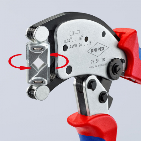 KNIPEX Twistor16 пресс-клещи, квадрат. обжим, самонастр., поворот. головка,гильзы контакт:0.14-16.0 кв. мм,2-е конц.гильзы 2x6кв. мм,L-200 мм,хром,держатель