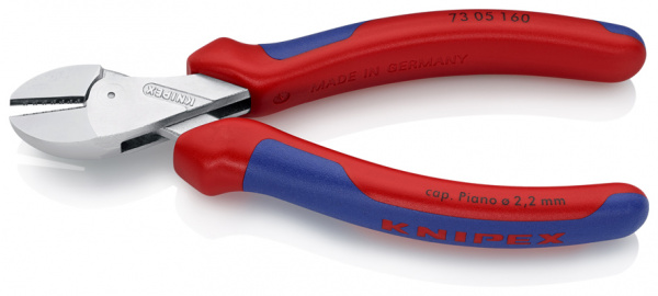 KNIPEX X-Cut бокорезы компактные, рез: мягкая проволока ∅ 4.8 мм, проволока средней твёрдости ∅ 3.8 мм, твёрдая проволока ∅ 2.7 мм, рояльная струна (HRC 59) ∅ 2.2 мм, L-160 мм, хромированные, 2-компонентные рукоятки, с держателем для торгового оборудовани