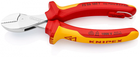 KNIPEX X-Cut бокорезы VDE, рез: провол. мягк. ∅ 4.8 мм, ср. ∅ 3.8 мм,тв. ∅ 2.7 мм,роял. струна ∅ 2.2 мм,L-160 мм,хром,2-к ручки,страх. крепл.,блист.