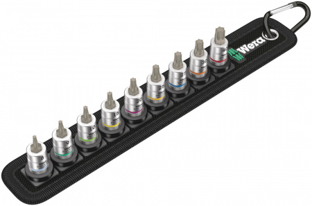 1x Belt A 3 TORX HF Zyklop Набор головок торцевых со вставкой, с функцией фиксации крепежа, DR 1/4", 9 предметов, комплектация: 9x 8767 A HF TORX Головка торцевая со вставкой Zyklop с приводом 1/4", с функцией фиксации крепежа: TX 8x28.0, TX 9x28.0, TX 10