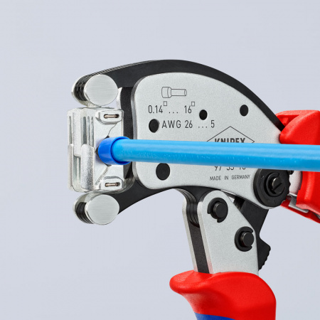 KNIPEX Twistor16 пресс-клещи, квадрат. обжим, самонастр., поворот. головка,гильзы контакт:0.14-16.0 кв. мм,2-е конц.гильзы 2x6кв. мм,L-200 мм,хром,держатель