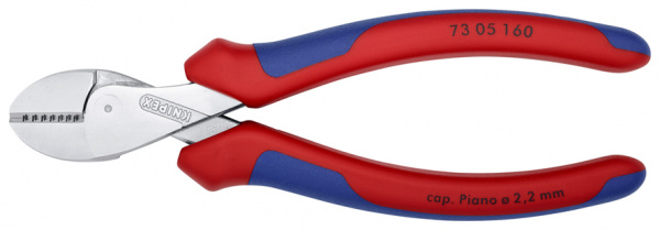 KNIPEX X-Cut бокорезы компактные, рез: мягкая проволока ∅ 4.8 мм, проволока средней твёрдости ∅ 3.8 мм, твёрдая проволока ∅ 2.7 мм, рояльная струна (HRC 59) ∅ 2.2 мм, L-160 мм, хромированные, 2-компонентные рукоятки, с держателем для торгового оборудовани