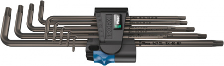 967/9 TX XL HF TORX 1 Набор Г-образных ключей с функцией фиксации крепежа, удлиненный, TX 8 - TX 40, 9 предметов, комплектация: 9x 967 XL HF TORX Г-образный ключ с функцией фиксации крепежа, удлиненный: TX 8x90, TX 9x101, TX 10x112, TX 15x123, TX 20x137, 