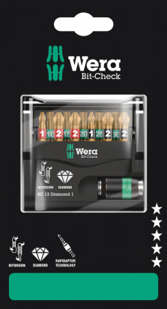Bit-Check 12 Diamond 1 SB набор бит с битодержателем, алмазное покрытие, 12 предметов, с держателем-еврослот для подвеса, комплектация: 1x 889/4/1 K Универсальный держатель Rapidaptor, 1/4" x 50 мм; 3x 851/1 BDC Насадки: PH 1x25, 2x PH 2x25; 3x 855/1 BDC 
