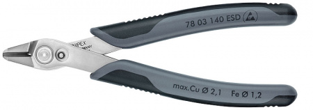 Electronic Super Knips XL бокорезы прециз. ESD, без фаски, рез: мягк. проволока ∅0.2-2.1мм, проволока ср. твердости ∅1.2мм, L-140 мм, INOX, держатель