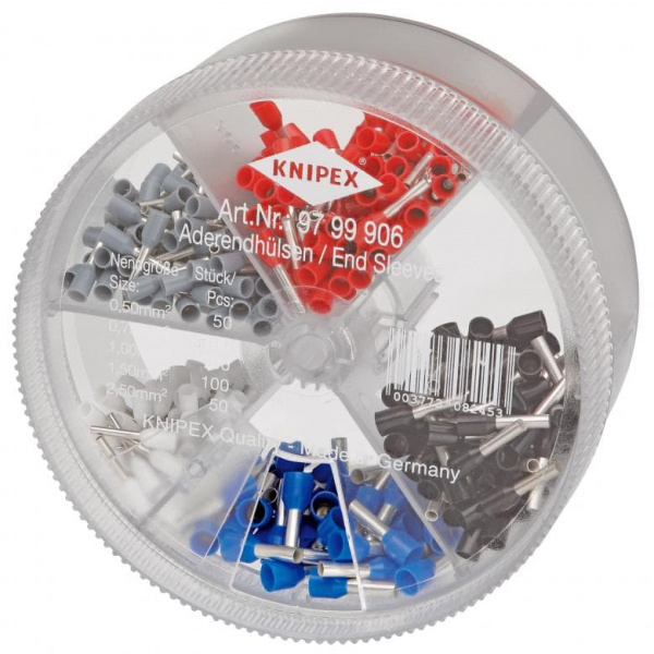 Набор изолированных контактных гильз в коробке, 0.50 кв. мм 50 шт, 0.75 кв. мм 100 шт, 1.00 кв. мм 100 шт, 1.50 кв. мм 100 шт, 2.50 кв. мм 50 шт