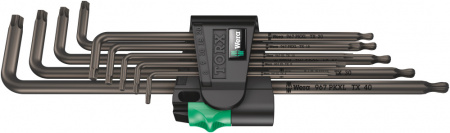 967/9 TX XL 1 TORX Набор Г-образных ключей, цинковое фосфатирование, удлиненный, с шаром, TX 8 - TX 40, 9 предметов, комплектация: 3x 967 XL TORX Г-образный ключ, удлиненный: TX 8x90, TX 9x101, TX 10x112; 6x 967 PKXL TORX Г-образный ключ, удлиненный: TX 1