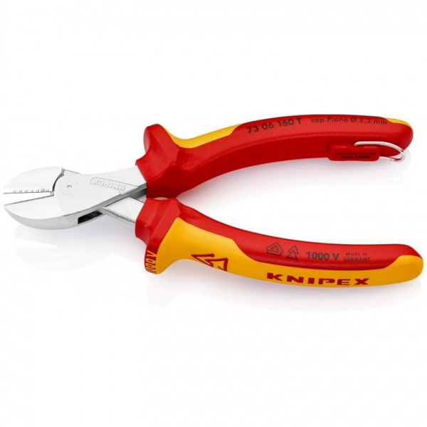 KNIPEX X-Cut бокорезы VDE, рез: провол. мягк. ∅ 4.8 мм, ср. ∅ 3.8 мм, тв. ∅ 2.7 мм, роял. струна ∅ 2.2 мм, L-160 мм, хром, 2-к ручки, страх. крепл.