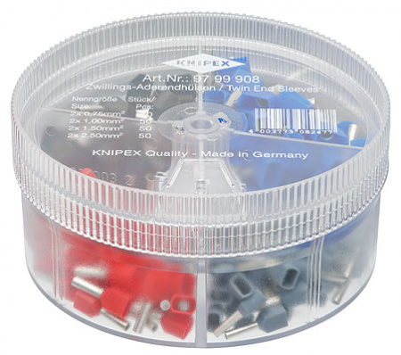 Набор сдвоенных изолированных контактных гильз в коробке, 2x0.75 кв. мм 50 шт, 2x1.0 кв. мм 50 шт, 2x1.5 кв. мм 50 шт, 2x2.5 кв. мм 50 шт