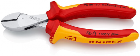 KNIPEX X-Cut бокорезы VDE, рез: провол. мягк. ∅ 4.8 мм, ср. ∅ 3.8 мм, тв. ∅ 2.7 мм, роял. струна ∅ 2.2 мм, L-160 мм, хром, 2-к ручки