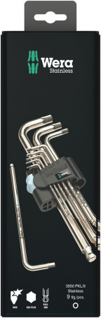 3950/9 Hex-Plus Stainless 1 SB Набор Г-образных ключей, нержавеющая сталь, с шаром, 1.5 - 10 мм, 9 предметов, с держателем-еврослот, комплектация: 9x 3950 PKL Г-образный ключ, нержавеющая сталь: 1.5x90, 2.0x101, 2.5x112, 3.0x123, 4.0x137, 5.0x154, 6.0x172