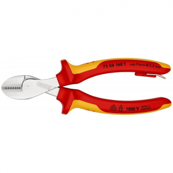 KNIPEX X-Cut бокорезы VDE, рез: провол. мягк. ∅ 4.8 мм, ср. ∅ 3.8 мм, тв. ∅ 2.7 мм, роял. струна ∅ 2.2 мм, L-160 мм, хром, 2-к ручки, страх. крепл.