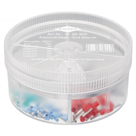 Набор изолированных контактных гильз в коробке, 0.25 кв. мм 30 шт, 0.34 кв. мм 30 шт, 0.50 кв. мм 30 шт, 0.75 кв. мм 30 шт, 1.00 кв. мм 30 шт